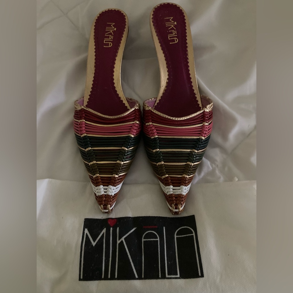 MIKALA Multi-Colored Woven Leather Low 2” Heel Slides. Size 6. Made in Barcelona